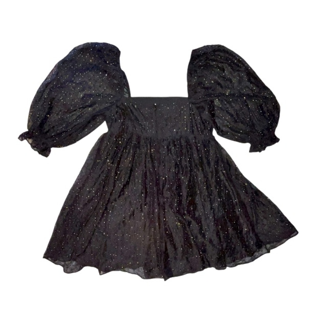 Storia Beaded Puff Sleeve Sheer Baby Doll Dress Black Ruffle Detail Size Medium